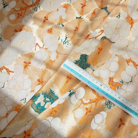 Japanese Nishijin Silk Brocade Fabric: Orange Frangipani Damask (29.5"W)