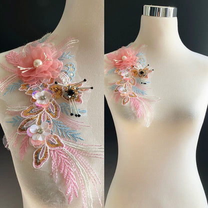 3D Embroidery Flower Applique: Handmade Organza Lace (30x13cm)
