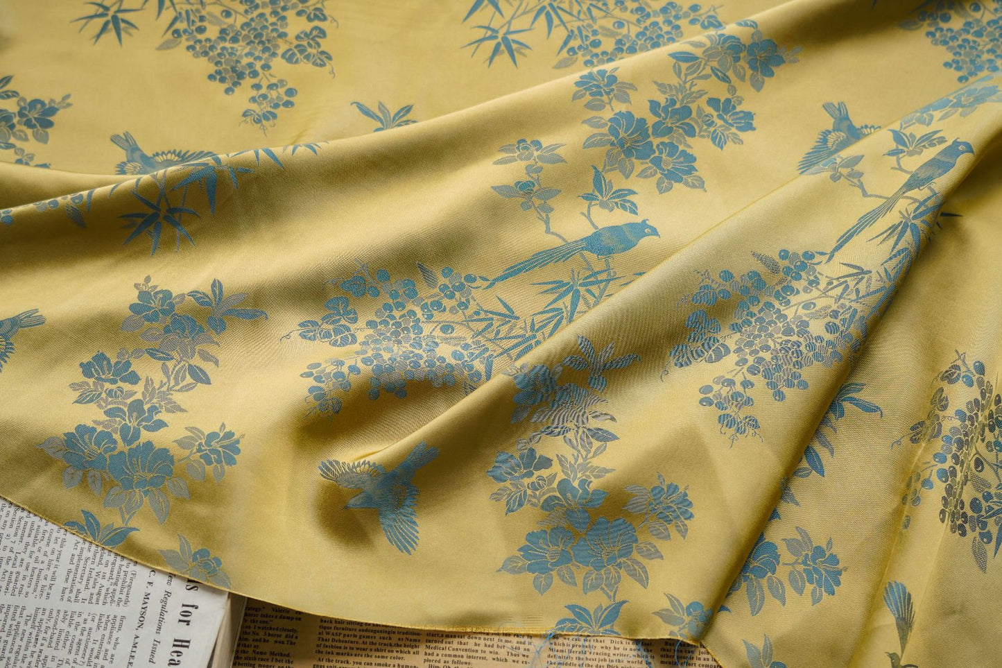 Jacquard Rayon Fabric: Bird & Floral Print, 59" Wide - By The Meter