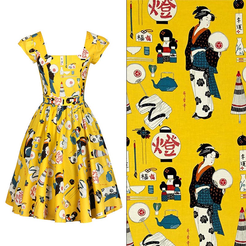 Geisha Dance Print Fabric: Japanese Cotton Spandex Blend