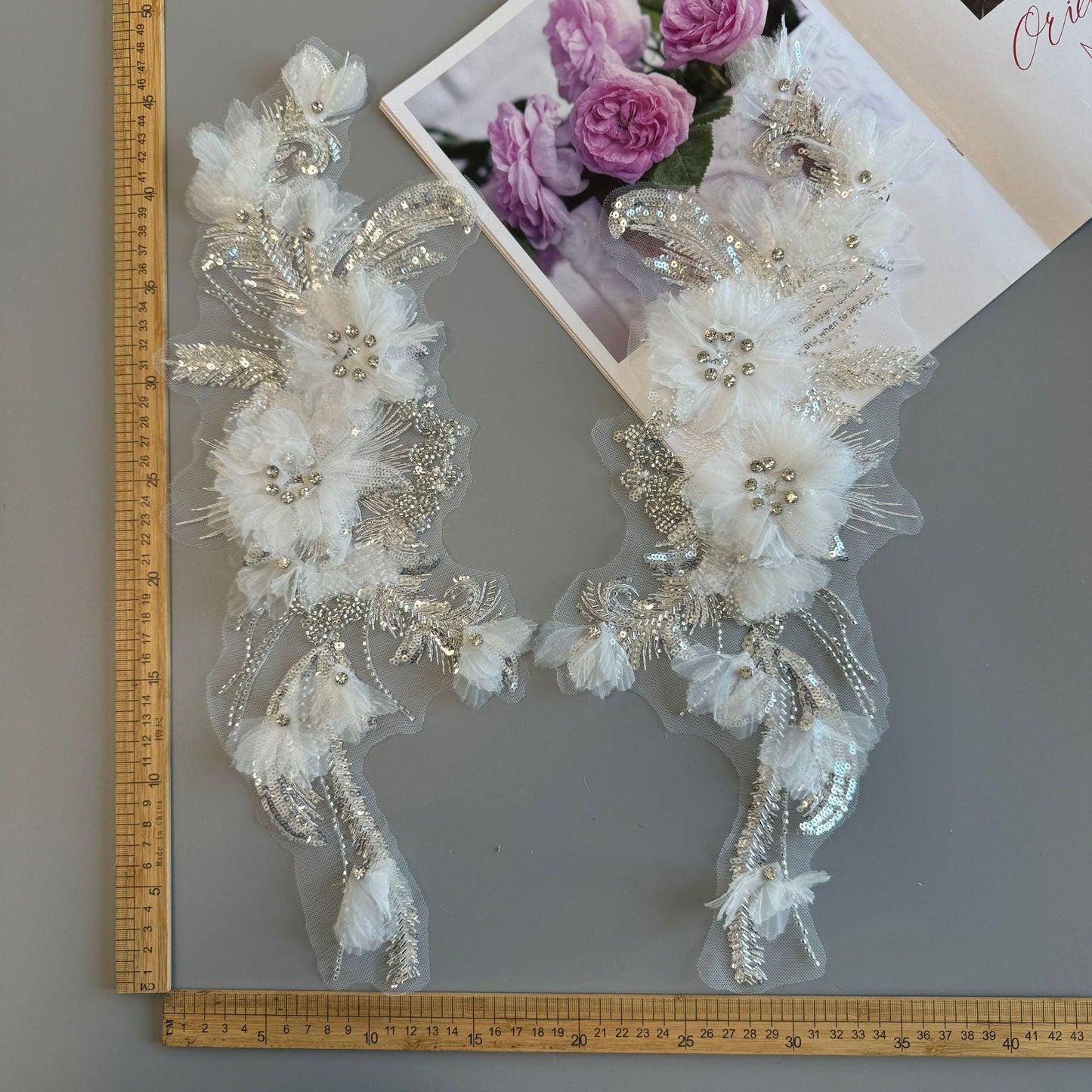 3D Floral Applique ��� Beaded Sequins Mesh Fabric, Wedding Lac