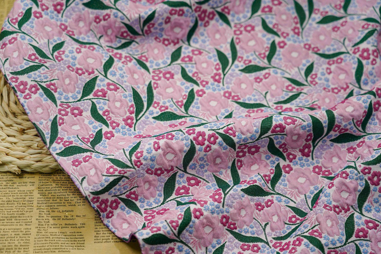 Pink Flower Jacquard Fabric: Embossed 3D Floral Design, 55" Wide