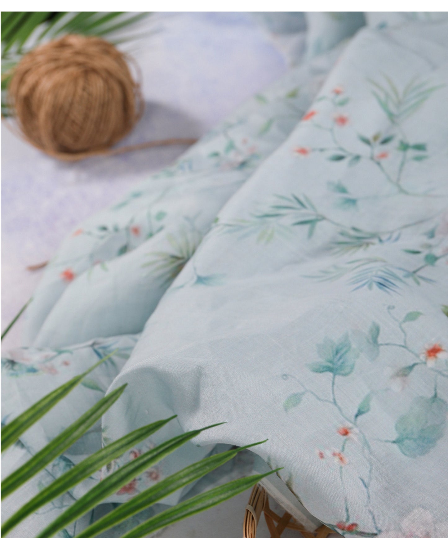 Floral Ramie Fabric: Light Blue Ink Print, 55" Wide, Natural Fiber