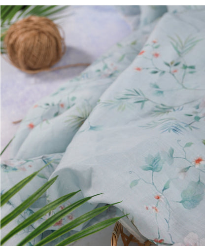 Floral Ramie Fabric: Light Blue Ink Print, 55" Wide, Natural Fiber