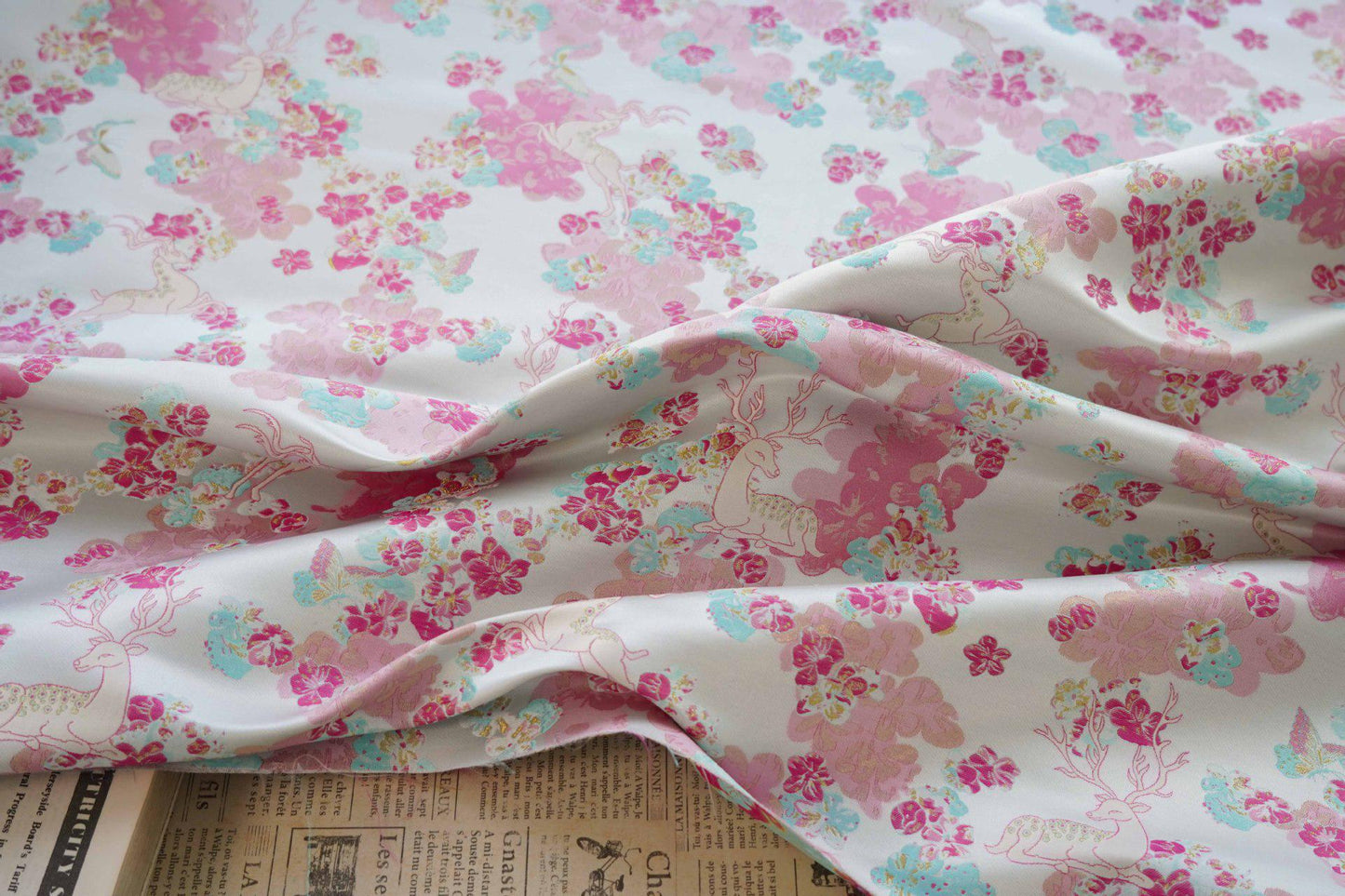 White Deer Jacquard Fabric: Gold Thread Embossed Upholstery, 65"W