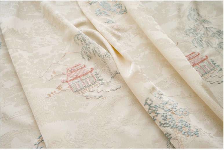 Embroidered Jacquard Fabric: Apricot Ancient Paintings, 59" Wide