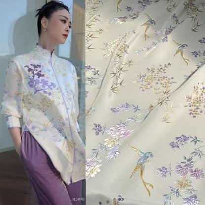 Tissu jacquard damassé à fil d'or : brocart à motifs d'oiseaux et de fleurs (59 po de largeur)