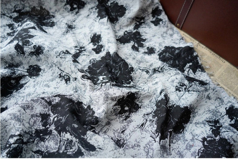 Black & White Floral Jacquard Fabric: 57"W Rayon Blend, Costume Decor