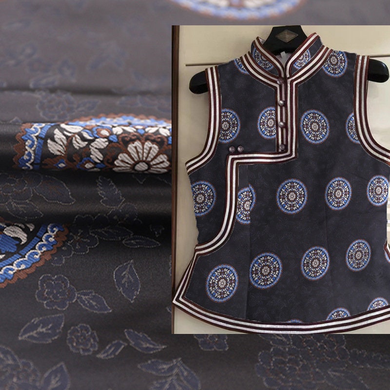 Tissu brocart jacquard bleu sarcelle : robe mongole chinoise, 75 cm de large