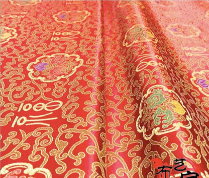 Tissu brocart pêche de longévité chinois : rayonne rouge et or, 75 cm de large