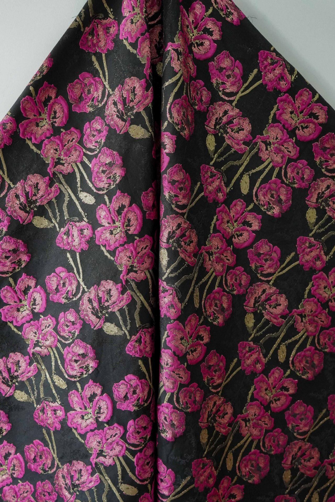 Black Jacquard Brocade Fabric | Pink Floral Gold Thread, 65"W