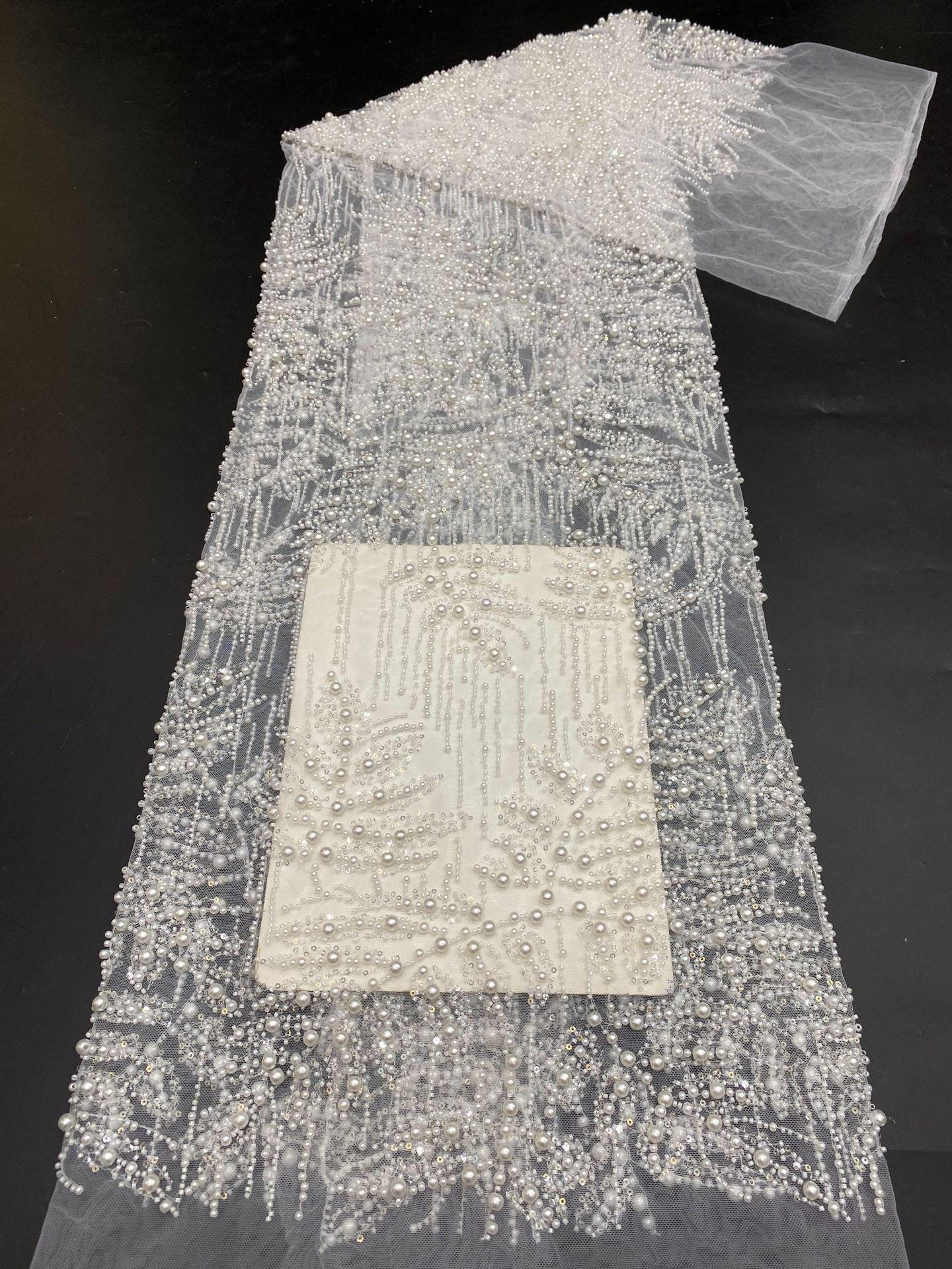 Luxury Beaded & Sequin Embroidered Fabric ��� 4/6/8mm Pearls, Bridal Material, Wedding Dress, Prom, Couture Sewing, High-End Fashi"W