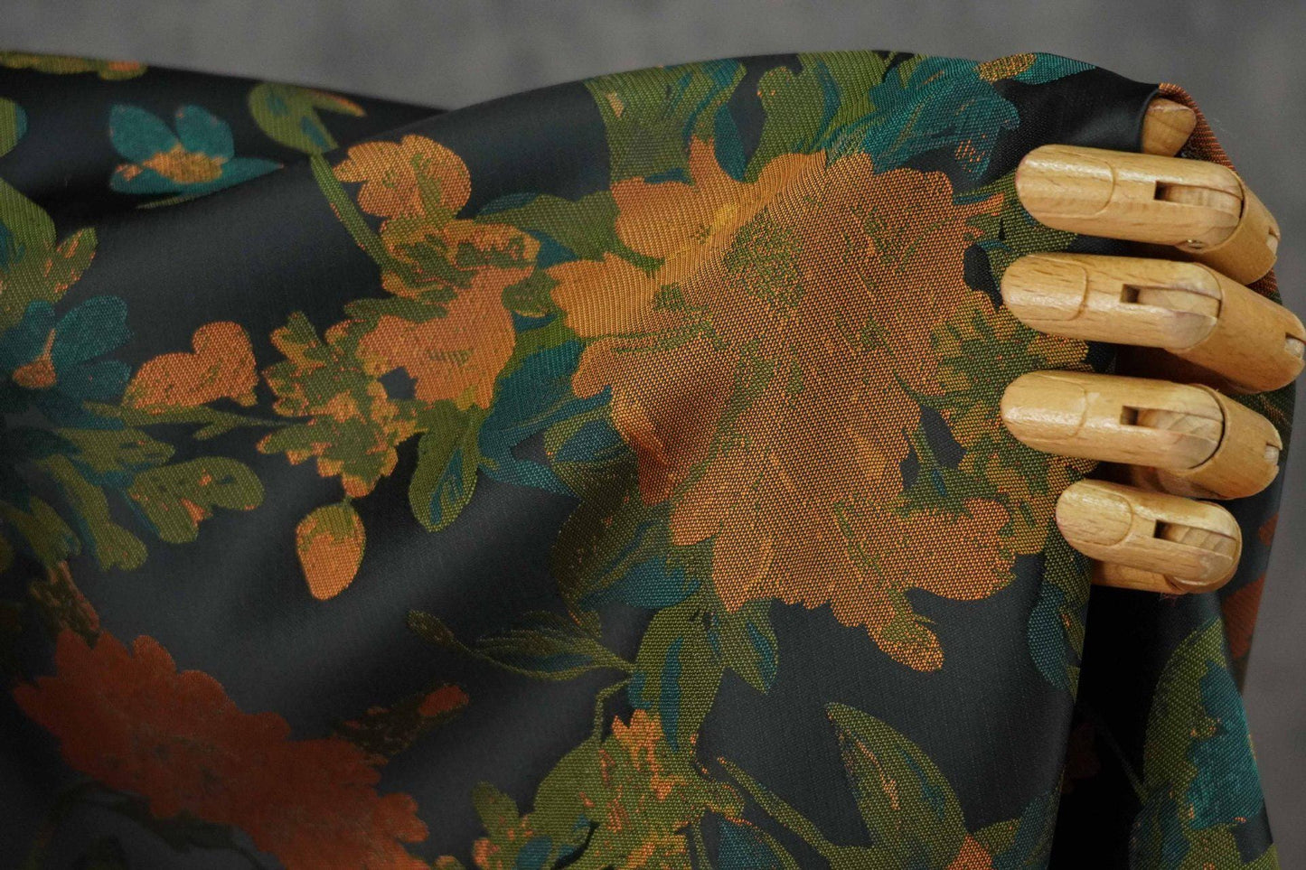 Orange Floral Woven Fabric, Black Polyester Blend, 62" Wide