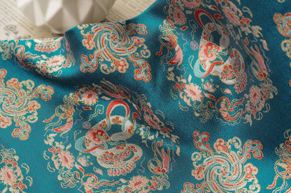 Cyan Brocade Fabric: Chinese Dynasty Jacquard Polyester, 66" Wide