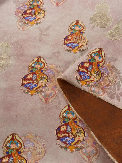 Tissu satiné en soie couleur thé : imprimé de courges rose pâle grisâtre, 147 cm de large