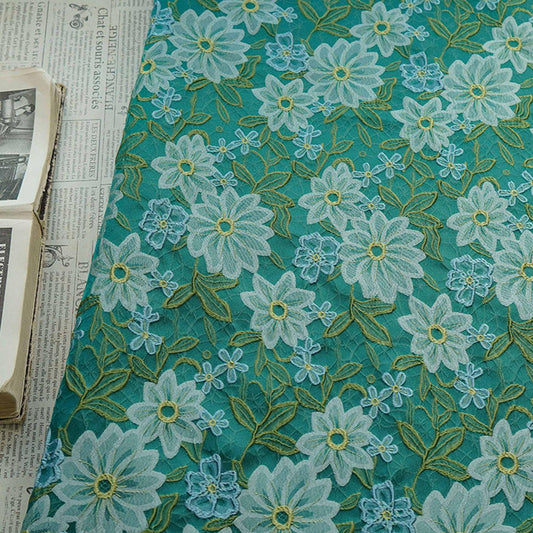 Jade Green Bellflower Jacquard Fabric: Vintage Cottagecore Woven Floral, 56"W