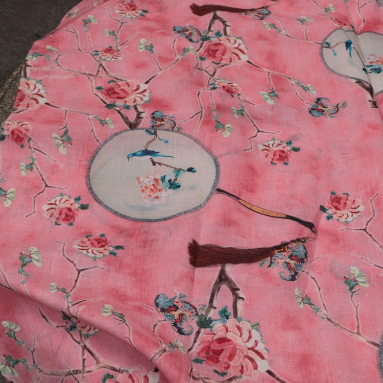 Floral Linen Fabric: Asian Style Pink Upholstery & Sewing Material (55"W)