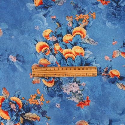 Tissu satiné bleu paon, imprimé floral, 150 cm de large