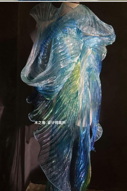 Smudged Sea Wave Organza Fabric: Accordion Pleated Laser Design, 55" Wide