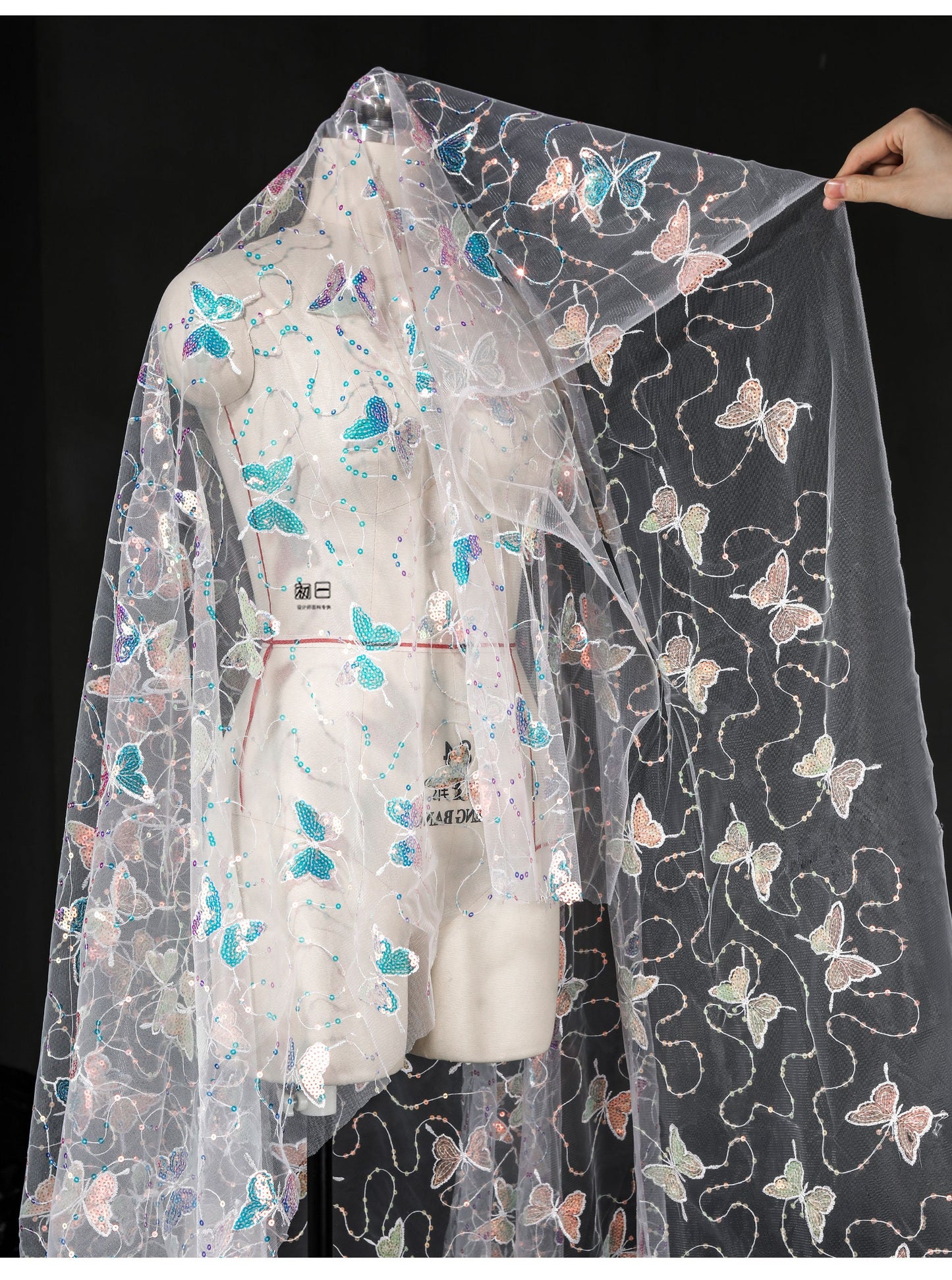 Butterfly Sequin Embroidered Mesh Fabric, See-Through Designer Fabric