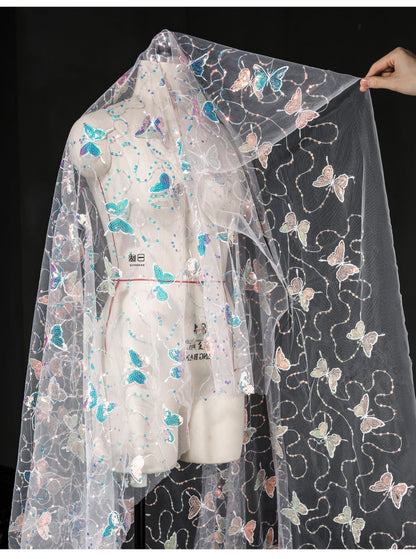 Butterfly Sequin Embroidered Mesh Fabric, See-Through Designer Fabric