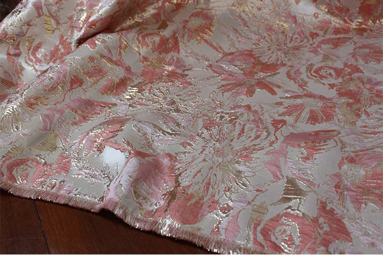 Gold Thread Jacquard Fabric: 3D Flower Design, 56" Wide
