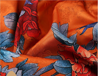 Blooming Tea Satin Silk Fabric: 59"W Floral Print Sewing Material