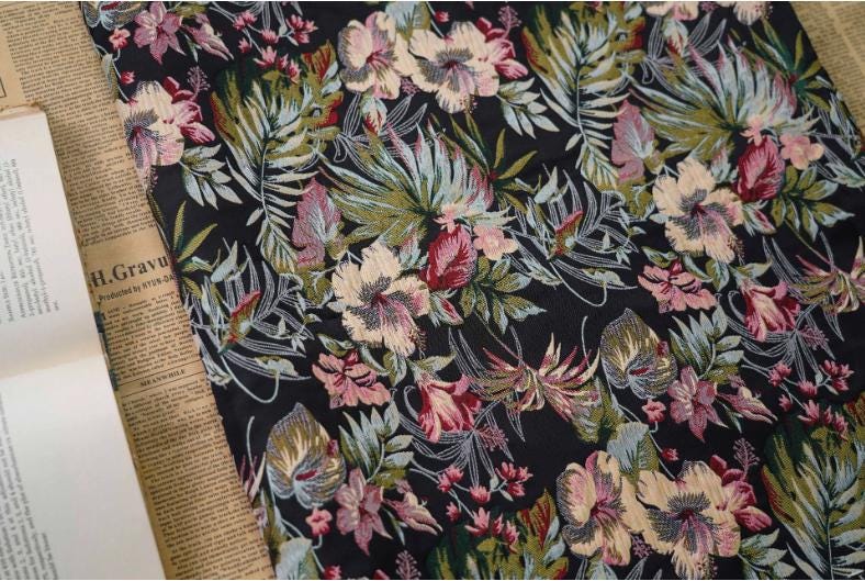 Floral Jacquard Fabric: Gold Thread Embroidered Upholstery, 62"W