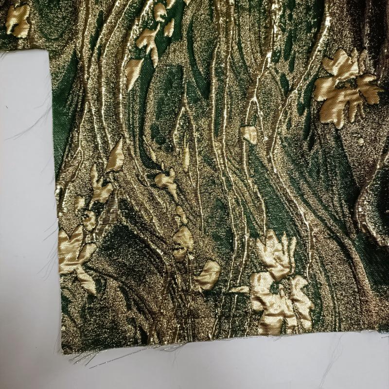 Green Jacquard Fabric with Gold Thread: Deer & Floral Design, 55" Wide