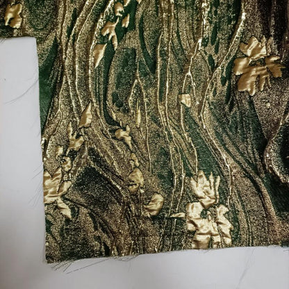 Green Jacquard Fabric with Gold Thread: Deer & Floral Design, 55" Wide