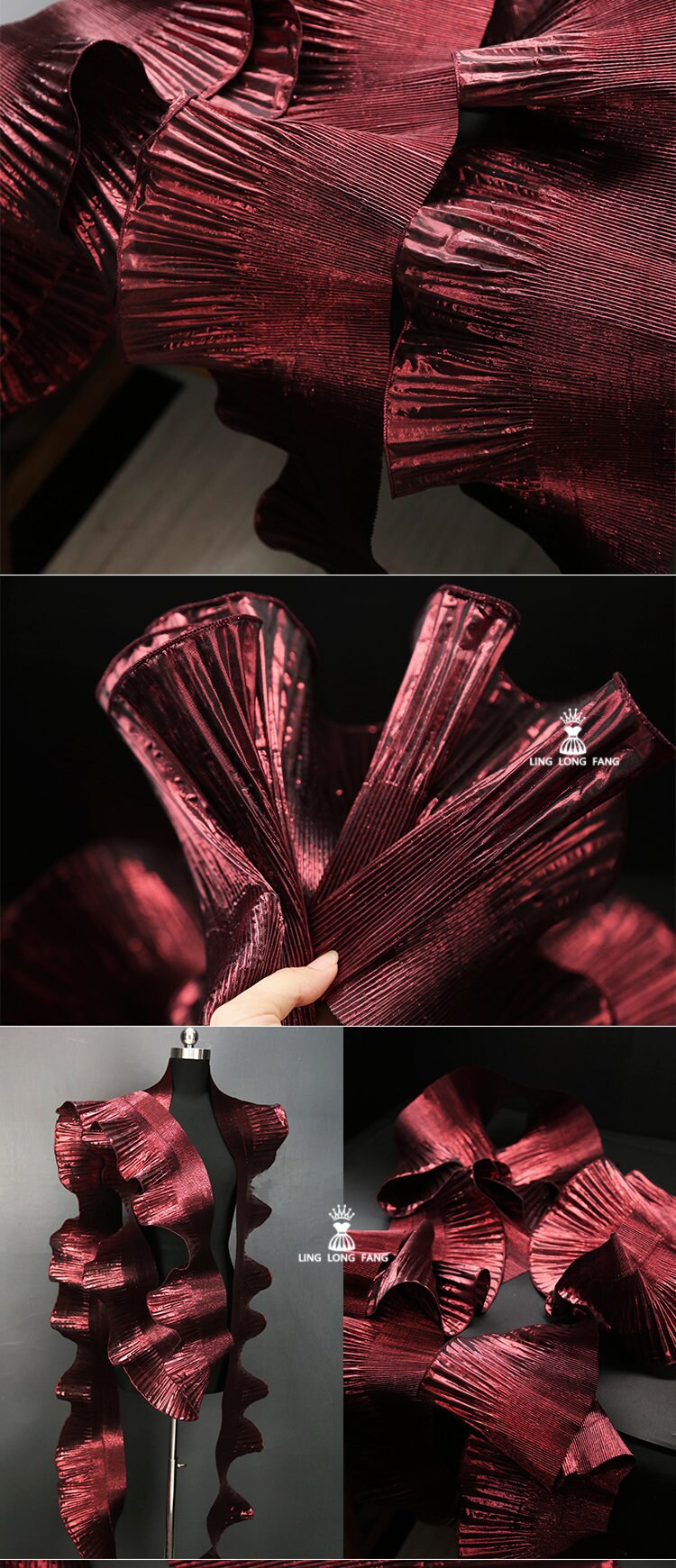 Ruffle Organza Lace: 3D Folds, Metallic Luster Designer Fabric - 7.5" Wide