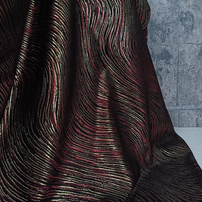 Jacquard Fabric - Ripple Texture with Gold Stripes, 60" Wide