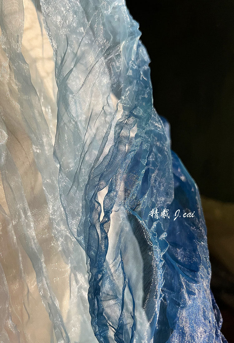 Blue Gradient Organza Fabric: Irregular Pleats, 55" Wide