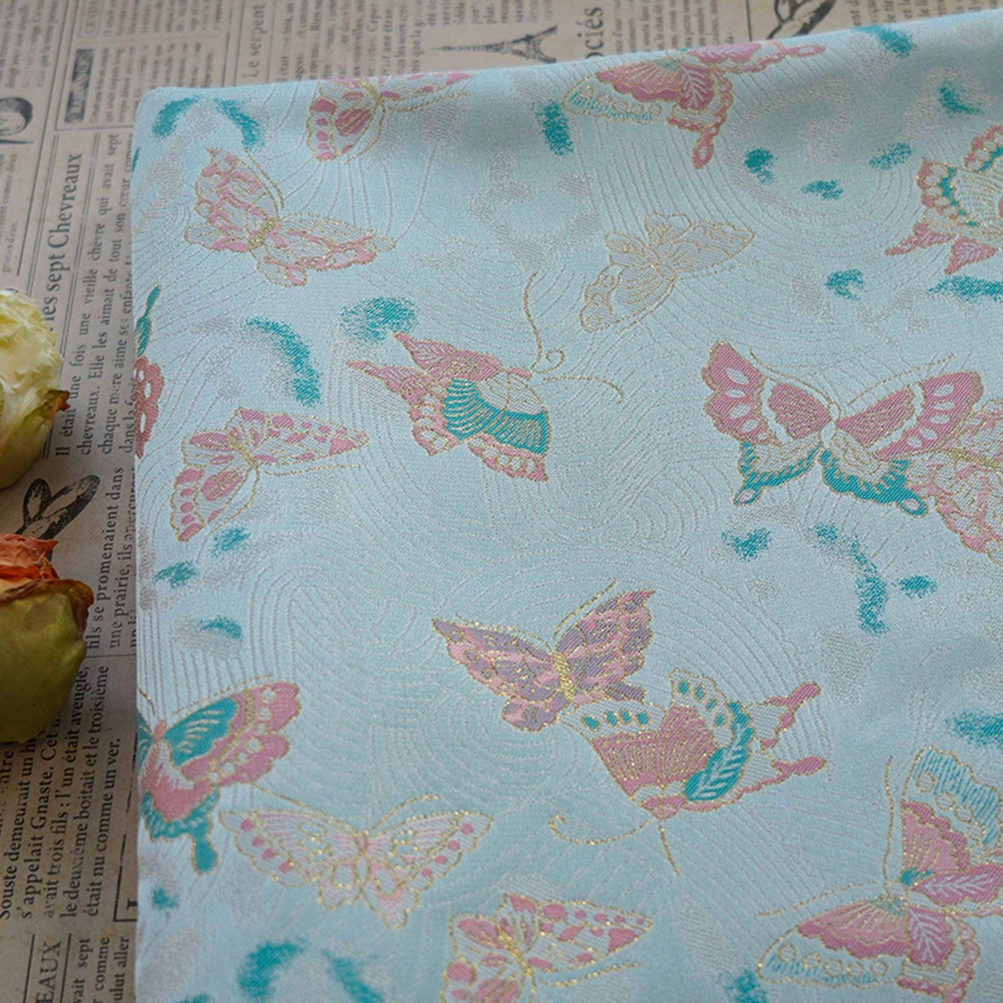 Butterfly Jacquard Fabric: Gold Thread Polyester Rayon Blend, 57"W