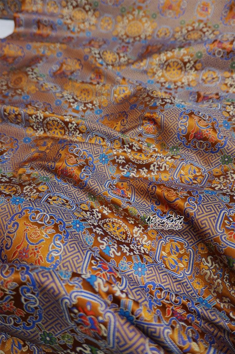Caramel Brocade Fabric: Chinese Jacquard Weave Silk Satin (29.5" Wide)