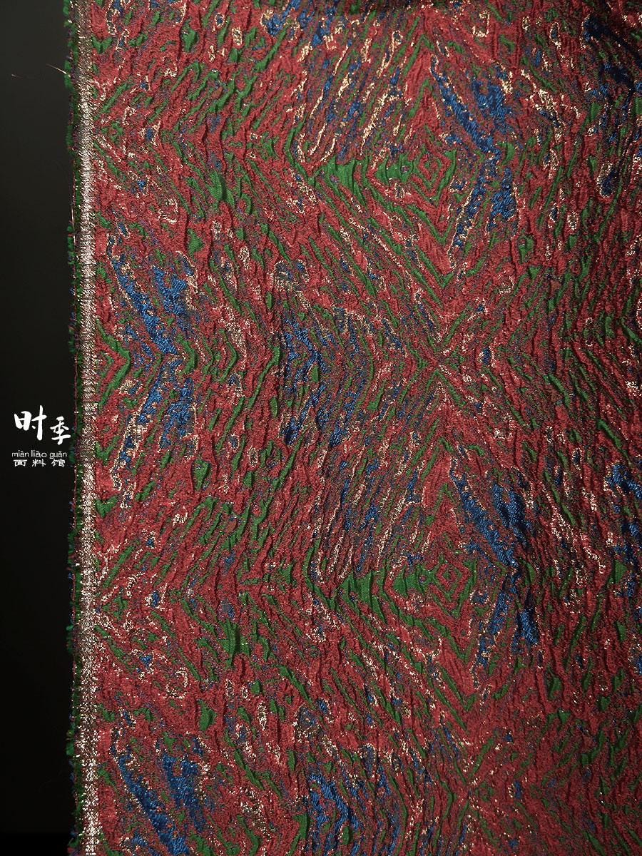 Gold Thread Jacquard Fabric: Red Blue 3D Designer Fabric (55"W By 1 Meter)