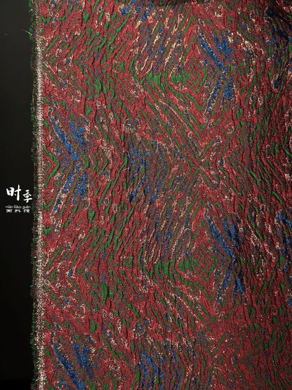 Gold Thread Jacquard Fabric: Red Blue 3D Designer Fabric (55"W By 1 Meter)