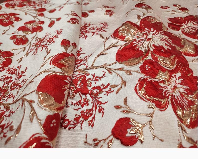 Gold Thread Floral Jacquard Fabric: 3D Oil Painting Texture, 55" Wide