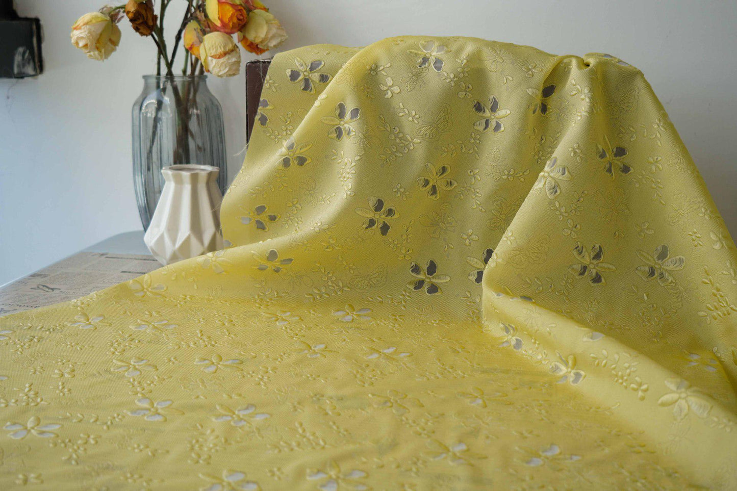 Light Yellow Jacquard Fabric: Hollow Relief Style, 55"W