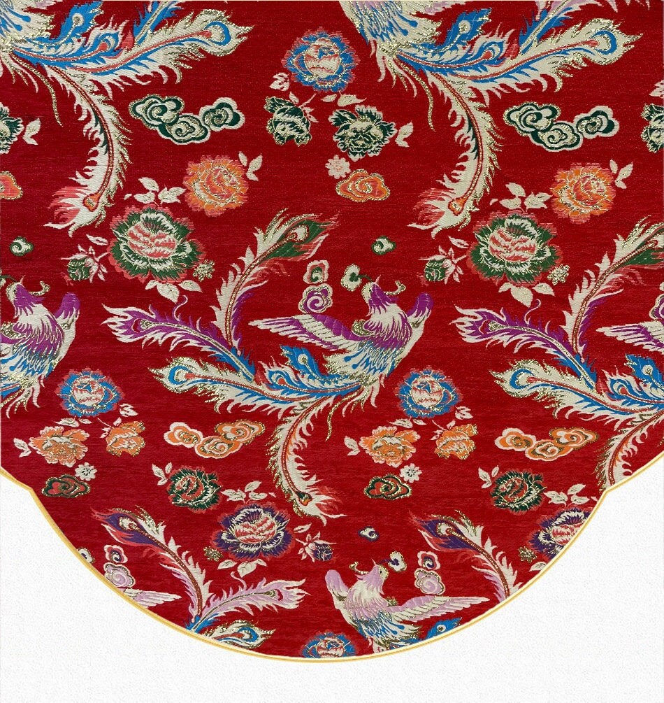Red Phoenix Jacquard Satin Fabric: 59"W Silk Brocade, Upholstery & Sewing
