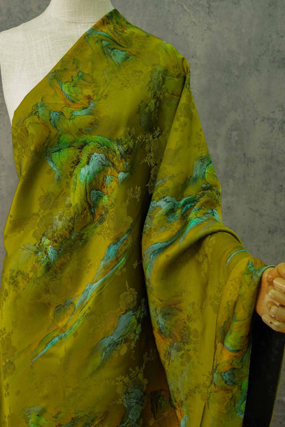 Ancient Landscape Painting Rayon Fabric: Upholstery, Costume, Scarf (55"W)
