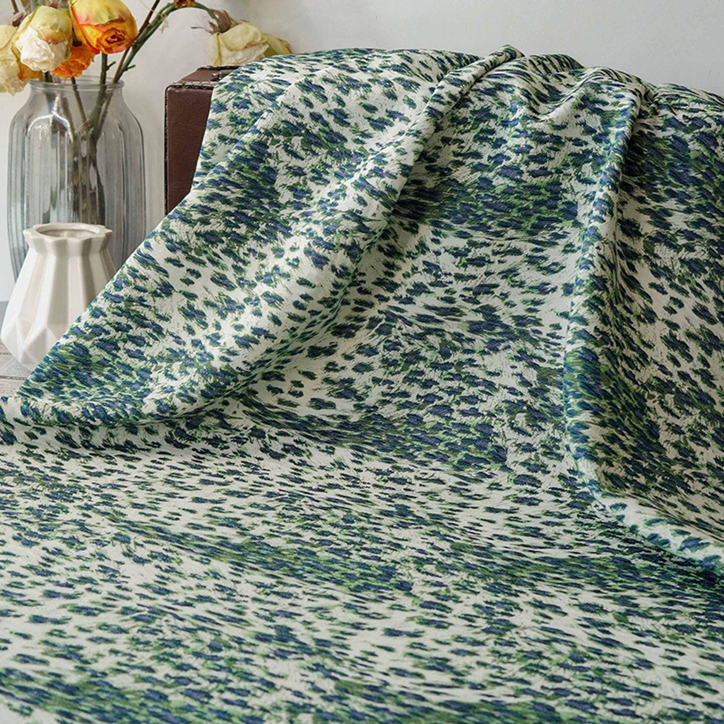 Blue Green Embossed Leopard Jacquard Fabric, Textured Animal Print Upholstery & Sewing Material,