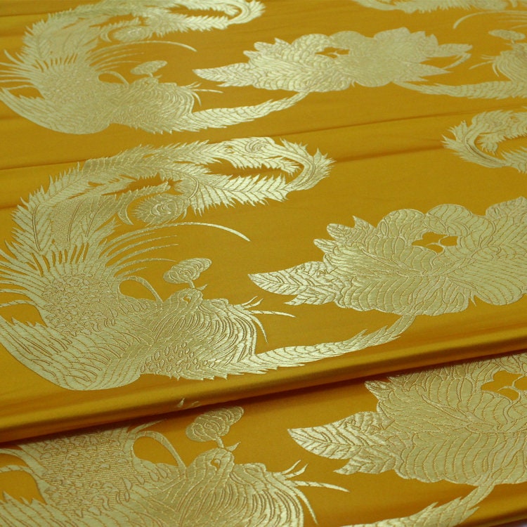 Red & Gold Phoenix Jacquard Satin Brocade Fabric - Chinese Wedding Dress Fabric By The Meter