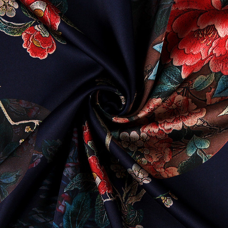 Floral Bird Print Satin Fabric: Gambiered Canton Gauze, 59"W