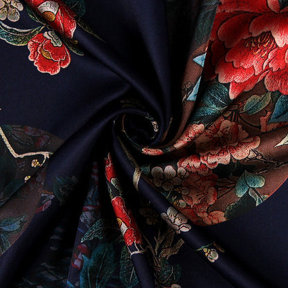 Floral Bird Print Satin Fabric: Gambiered Canton Gauze, 59"W