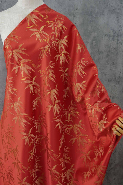 Red Brocade Fabric ��� Golden Bamboo Leaves Jacqua" Wide