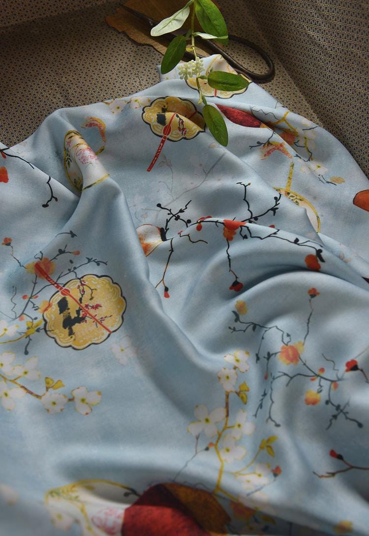 Chinese Ink Painting Cotton Fabric: Floral Drapery, Costume Sewing (55"W)