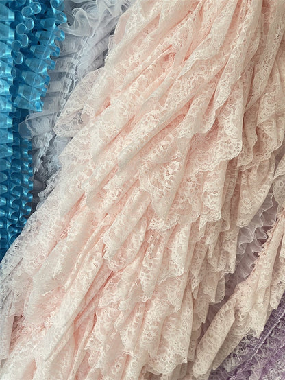 Baby Pink Pleated Lace Trim, Ruffled Fabric, 5.5" Wide
