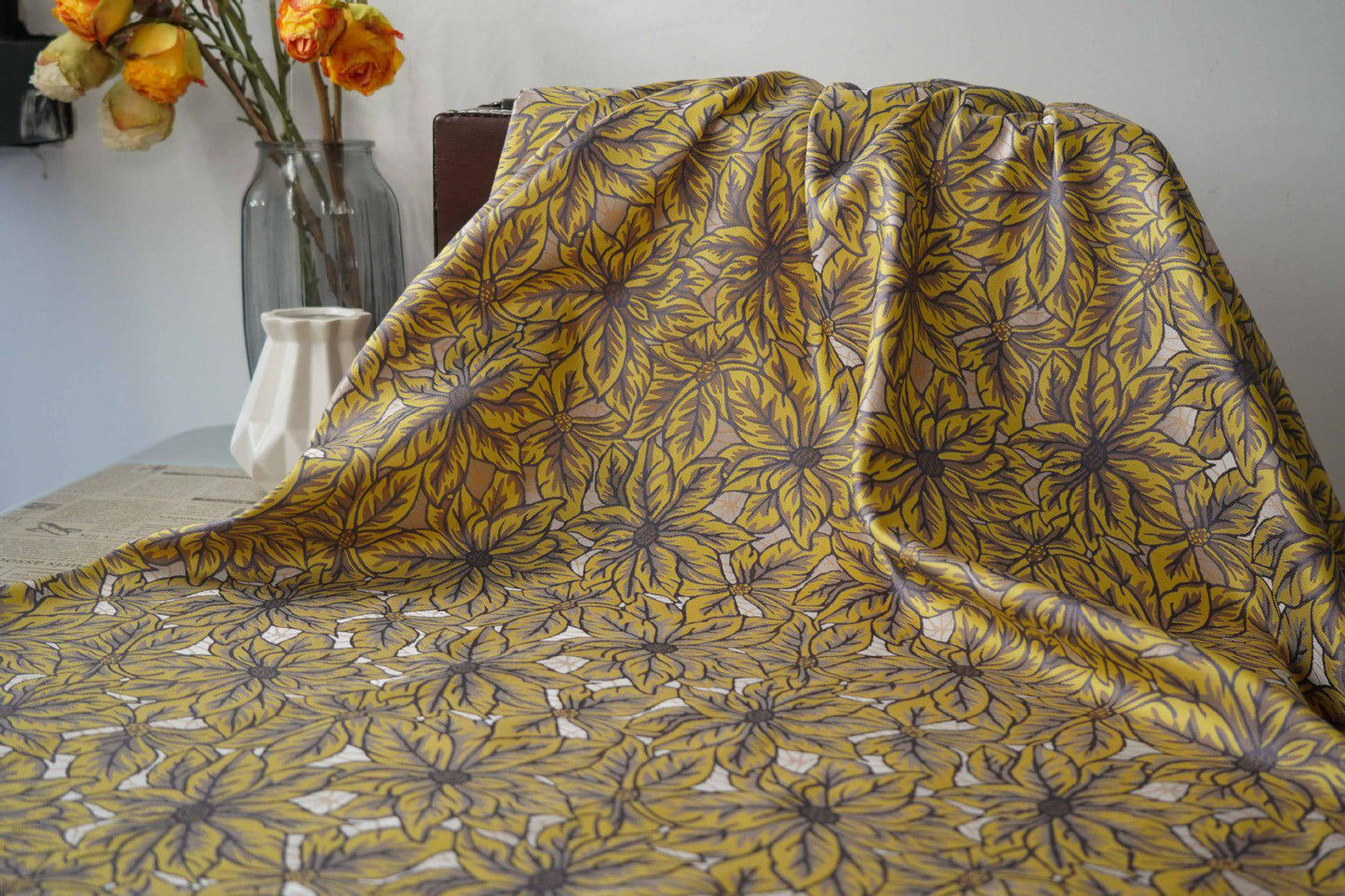 Caramel Floral Jacquard Fabric: Embossed Leaves, 60" Wide