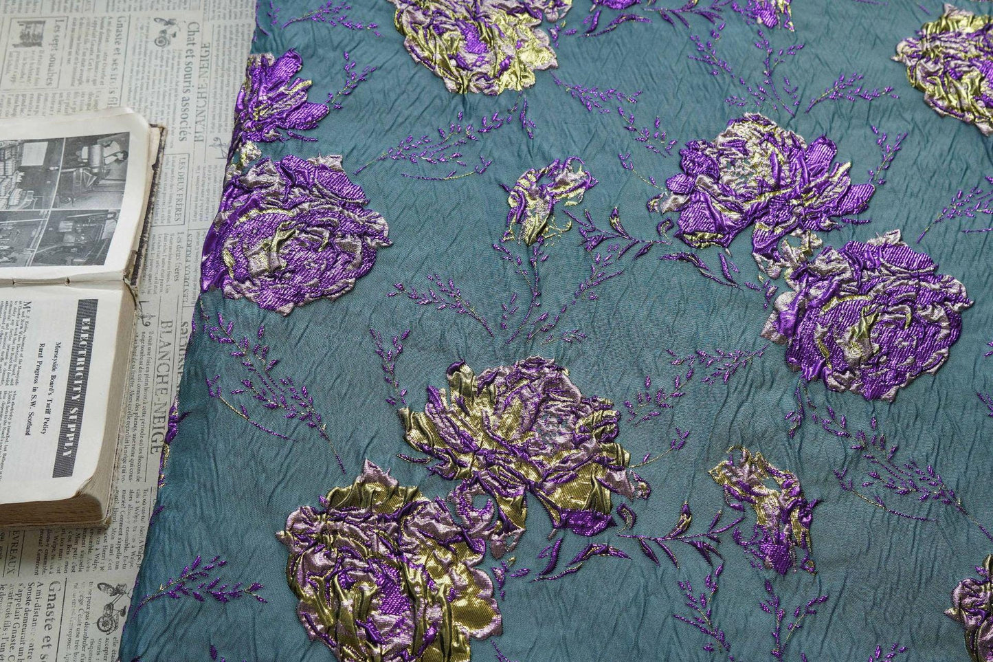 Gold Thread Jacquard Fabric: 3D Designer Prom Fabric, 63" Wide